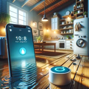 DALL·E 2024 03 13 06.59.15 Create an image showcasing the Tuya Smart Flood Leakage Sensor in a home setting illustrating its role in detecting water overflow and leaks. The sce 1