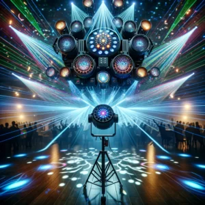 DALL·E 2024 03 13 07.05.32 Create an image showcasing the 4IN1 Disco DJ Lights with stand in action at a party or DJ set. The scene should illustrate the combination of laser pr 1