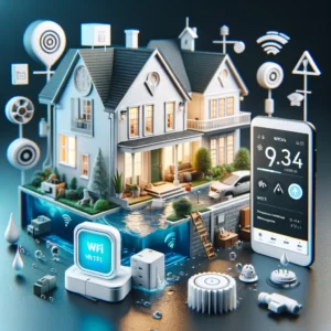DALL·E 2024 03 13 08.23.55 Create an image showcasing the WF96L Tuya WIFI Water Level Controller in a home environment illustrating its role in detecting changes in water level 1