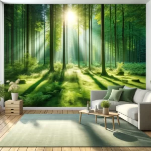 DALL·E 2024 03 13 21.04.45 A serene and lush green forest landscape stretching into the distance with sun rays filtering through the dense canopy of tall trees onto a soft gra 1