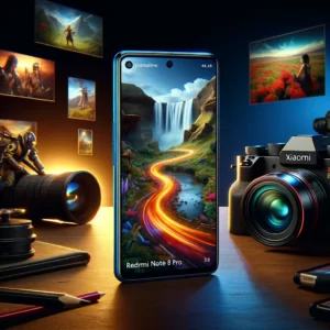 DALL·E 2024 03 15 08.37.33 A visually striking composition highlighting the Xiaomi Redmi Note 8 Pro smartphone showcasing its sleek design and emphasizing its gaming and photog 1