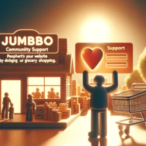 DALL·E 2024 03 15 19.08.42 An image symbolizing community support through the use of a special Jumbo card illustrating the concept of people supporting a website by doing their 20