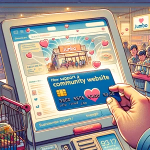 DALL·E 2024 03 15 19.35.09 A heartwarming scene at a Jumbo supermarket checkout where a person is using the special Jumbo card to support a community website. The card is promi 19