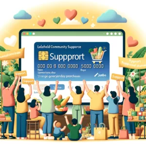 DALL·E 2024 03 15 19.54.46 Illustration of a community gathering around a large screen displaying the supported website with people holding the special Jumbo cards in their han 18