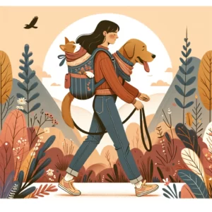 DALL·E 2024 03 17 05.05.45 Een vrolijke en avontuurlijke sfeer uitbeeldend toont deze illustratie een persoon die wandelt in de natuur met een middelgrote hond comfortabel zitt 1
