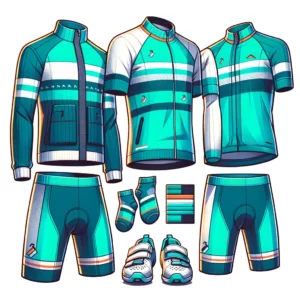 DALL·E 2024 03 17 05.29.20 Een illustratie van een cartoon geinspireerde fietsshirt set voor heren. De set bestaat uit een kleurrijke korte mouwen jersey en bijpassende shorts 1