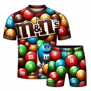DALL·E 2024 03 17 05.31.04 Een illustratie van een MMs geinspireerde fietsshirt set voor heren met levendige kleuren en patronen die de speelsheid en vrolijkheid van MMs choc 1