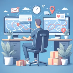 DALL·E 2024 03 17 06.45.41 Een illustratie die de gids en ondersteuning symboliseert bij het navigeren door uitdagingen met online bestellingen. De afbeelding toont een persoon 1 1 1