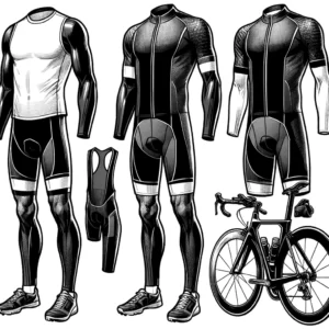 DALL·E 2024 03 18 05.06.37 Een illustratie van de Zwart Witte Mannen Triathlon Korte Mouwen Wielertrui Set. Het ontwerp moet de outfit tonen die gedragen wordt door een fietser 1