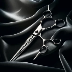 DALL·E 2024 03 18 06.26.01 A sophisticated and elegant professional hairdressing scissors set including both cutting and thinning scissors made of shiny 440C stainless steel d 1