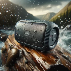 DALL·E 2024 03 18 06.30.21 A stylish and compact Mifa A1 wireless Bluetooth speaker set against an adventurous outdoor background. The speaker is waterproof showcased by drople 1