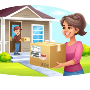 DALL·E 2024 03 20 19.13.54 A friendly and engaging digital illustration that shows a person happily receiving a package at their doorstep. The scene is vibrant and positive sym 1