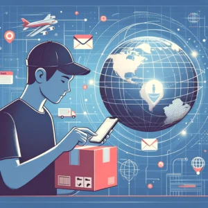 DALL·E 2024 03 20 20.24.40 An informative and visually appealing digital illustration showing a shopper checking their email or mobile phone for updates on a packages delivery 1