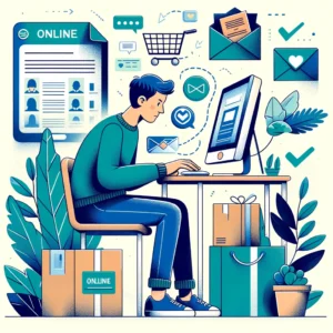 DALL·E 2024 03 21 15.04.54 Een illustratie die de stappen van het online winkelen weergeeft met een focus op het belang van het invullen van een volledig adres. De afbeelding t 1