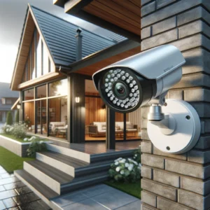DALL·E 2024 03 21 20.51.27 Een moderne veilige woonomgeving met geavanceerde bewakingscameras zichtbaar aan de buitenkant van het huis. De scene toont de effectiviteit van het 1