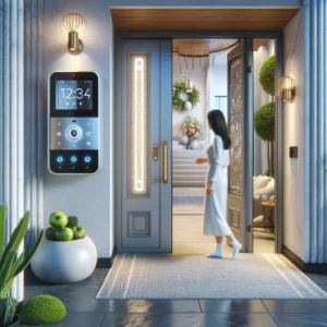 DALL·E 2024 03 22 05.01.20 Een elegante en moderne voordeur van een huis voorzien van een geavanceerd video deurtelefoon systeem. De scene benadrukt de eenvoud van installatie 1