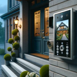 DALL·E 2024 03 22 05.48.31 Een stijlvolle voordeur van een huis uitgerust met een moderne video intercom systeem van Hikvision. Het beeld toont een helder en scherp beeld op he 1