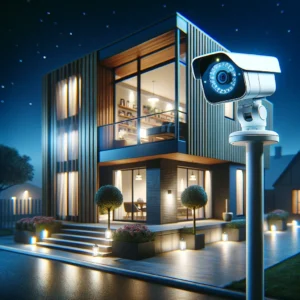 DALL·E 2024 03 22 06.28.13 Een modern woonhuis bij nacht verlicht door de geavanceerde Techage 4K bewakingscameras met zichtbare rode en blauwe alarmlichten. De cameras zijn 1