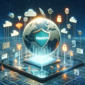 DALL·E 2024 03 22 06.39.29 Een afbeelding die de concepten van privacy en veiligheid online vertegenwoordigt met een focus op NordVPN als de oplossing. Visualiseer een veilige 16