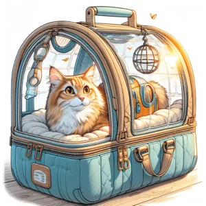 DALL·E 2024 03 22 07.09.20 Een gezellige en comfortabele draagtas voor kleine huisdieren met een transparant venster waardoor het huisdier naar buiten kan kijken. De tas is uit 1