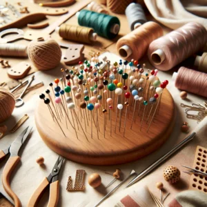 DALL·E 2024 03 22 08.18.31 Een kleurrijke en creatieve werkplek met verschillende stoffen en naaigereedschap waarbij de focus ligt op de dressmaking pins met hun unieke ontwerp 1