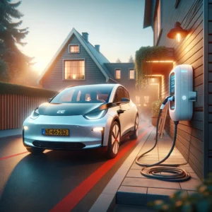 DALL·E 2024 03 22 16.10.17 Een moderne elektrische auto die thuis wordt opgeladen met de Feyree EV Charger. De focus ligt op de EV lader die aan de muur is gemonteerd en verbond 1