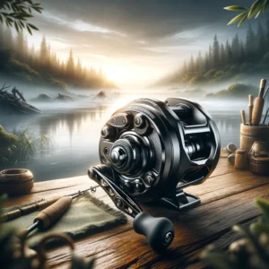 DALL·E 2024 03 23 09.55.27 A high quality image of the SeaKnight Brand FALCAN III Series Baitcasting Reel prominently displayed against a background that evokes a sense of adve 1