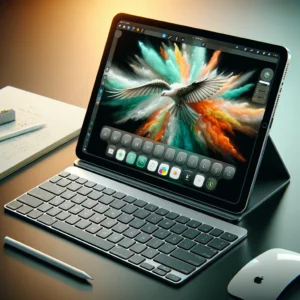 DALL·E 2024 03 23 10.28.25 An image showcasing the GOOJODOQ Magic Keyboard for iPad Pro iPad Air and 2017 2022 iPad models. The keyboard is elegantly designed with a sleek mo 1
