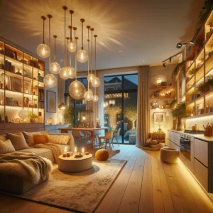 DALL·E 2024 03 23 19.41.39 Een sfeervolle woonkamer verlicht door warm wit licht van LED lampen die een gezellige en uitnodigende sfeer creeren. De LED lampen zijn duidelijk zi 1