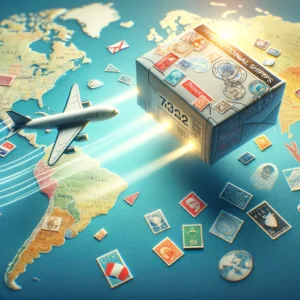DALL·E 2024 03 23 19.49.02 A visually engaging image showing a stylized envelope flying from one country to another symbolizing international shipping. The envelope should be a 1