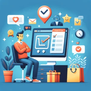 DALL·E 2024 03 23 19.55.12 Een illustratie die de oplossing van online winkelproblemen voorstelt. Het beeld toont een figuur die voor een computer zit en via een klantenservice 1