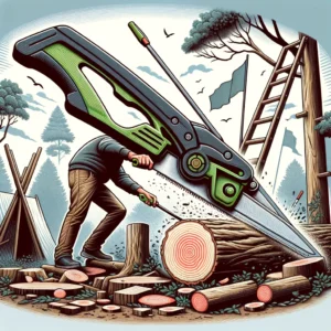 DALL·E 2024 03 23 20.22.30 Une illustration montrant une scie pliante AIRAJ en action coupant a travers du bois dans un environnement exterieur comme un camping ou un jardin. L 1