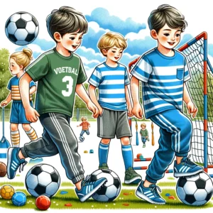 DALL·E 2024 03 24 07.03.02 Een illustratie die kindersportkleding toont specifiek een voetbaltrainingspak voor jongens en meisjes. Het beeld moet de vrolijkheid en energie van 1
