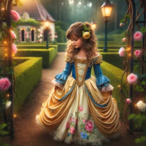 DALL·E 2024 03 24 07.11.55 Een sfeervolle afbeelding die een jong meisje toont gekleed in een prachtige prinsessenjurk geinspireerd door Belle en het Beest. Het meisje staat i 1