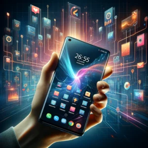 DALL·E 2024 03 24 07.27.12 Een dynamische en moderne afbeelding die de Cubot Note 21 smartphone illustreert met nadruk op zijn geavanceerde functies zoals het grote 6.56 inch 9 1