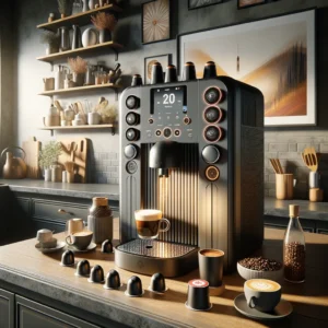 DALL·E 2024 03 24 07.31.29 Een elegante en moderne afbeelding die de HiBREW Multiple Capsule Coffee Machine illustreert in een stijlvolle keukenomgeving. De koffiemachine staat 1