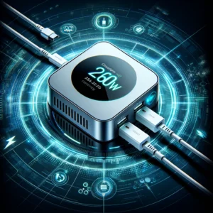 DALL·E 2024 03 24 07.33.24 Een moderne en technologisch geavanceerde afbeelding die de ASOMETECH 260W GaN Charger toont. Het apparaat is centraal geplaatst en wordt gebruikt om 1