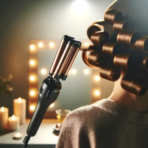 DALL·E 2024 03 24 07.37.46 Een sfeervolle en elegante afbeelding die de Automatic Hair Curler in gebruik toont waarbij een persoon moeiteloos prachtige veerkrachtige krullen i 1
