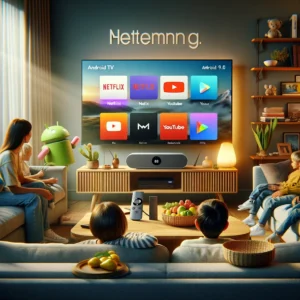 DALL·E 2024 03 24 07.40.01 Een moderne en gezellige woonkamer setting waarin de Xiaomi Mi TV Stick centraal staat aangesloten op een televisie. De TV toont een levendige en kle 1
