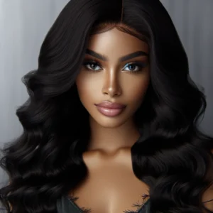DALL·E 2024 03 24 07.50.42 Een elegante en verfijnde afbeelding die de 40 Inch HD Body Wave Lace Front Wig toont gedragen door een model in een stijlvolle setting. De pruik moe 1