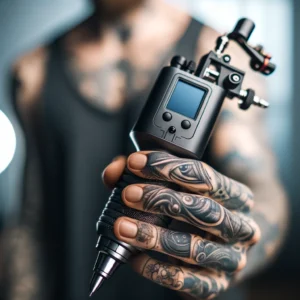 DALL·E 2024 03 24 08.11.12 Een artistieke en moderne afbeelding die de EZ P3 Pro Wireless Battery Tattoo Machine Pen toont in de handen van een getalenteerde tatoeeerder. De foc 1