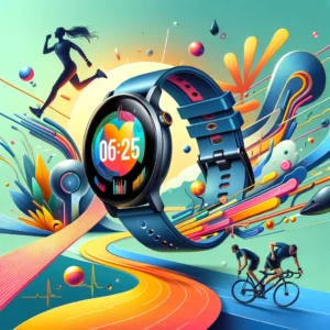 DALL·E 2024 03 26 08.11.05 Create a detailed and vibrant illustration showcasing the Amazfit BIP U Smartwatch. The image should highlight the watchs sleek design and advanced f 1