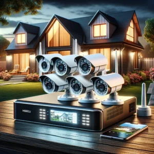 DALL·E 2024 03 27 05.22.40 Create a detailed and vivid illustration of the Hiseeu 5MP WiFi CCTV Camera Security System Kit. The image should depict a modern and sleek security c 1