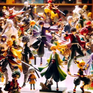 DALL·E 2024 03 27 05.55.35 A collection of vibrant detailed anime style figurines displayed prominently on a shelf. Each figurine is meticulously crafted showcasing dynamic po 1