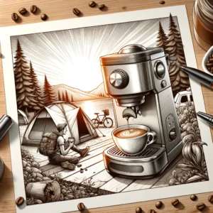 DALL·E 2024 03 27 07.09.20 Create a detailed and visually appealing illustration showcasing a portable espresso machine. The scene should be set in an outdoor camping environmen 1