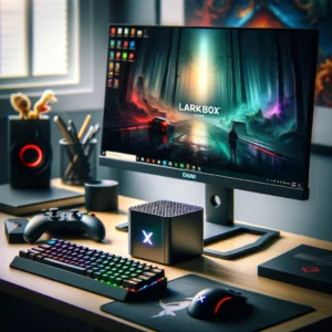 DALL·E 2024 03 27 08.05.46 A modern sleek workspace featuring the CHUWI LarkBox X Game Mini PC prominently displayed on a desk. The scene should convey the compact size of the 1