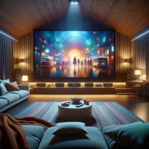 DALL·E 2024 03 27 08.09.58 A cozy and inviting home theater setup featuring a large VEIDADZ Projector Screen displaying a vivid and colorful movie scene. The room is dimly lit t 1