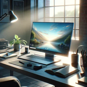 DALL·E 2024 03 27 08.20.58 Create a detailed and vibrant illustration showcasing the UPERFECT 2.5K Portable Monitor. Imagine a modern office setting with a sleek desk featuring 1