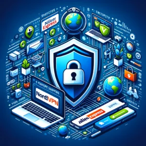 DALL·E 2024 03 30 07.46.45 Visualize an image that emphasizes the safety and protection NordVPN offers during online shopping on AliExpress. The image should illustrate a secure 1