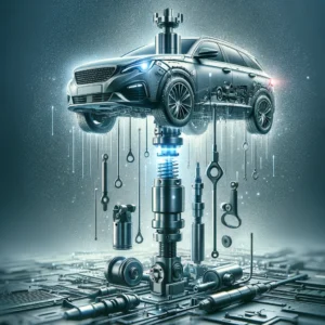 DALL·E 2024 03 30 16.50.16 Visualize an automotive hydraulic piston prop shock absorber designed for the Peugeot 308 I T7 2008 2013 illustrating its functionality and design 1